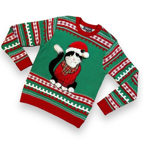 33 Degrees Mens Ugly Christmas Sweater Black White Cat Santa Hat Scarf 3D Medium - Picture 14 of 14